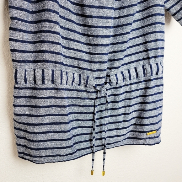 Ellen Tracy | Navy Peplum Off Shoulder Stripe Linen Blend Top - Picture 4 of 10